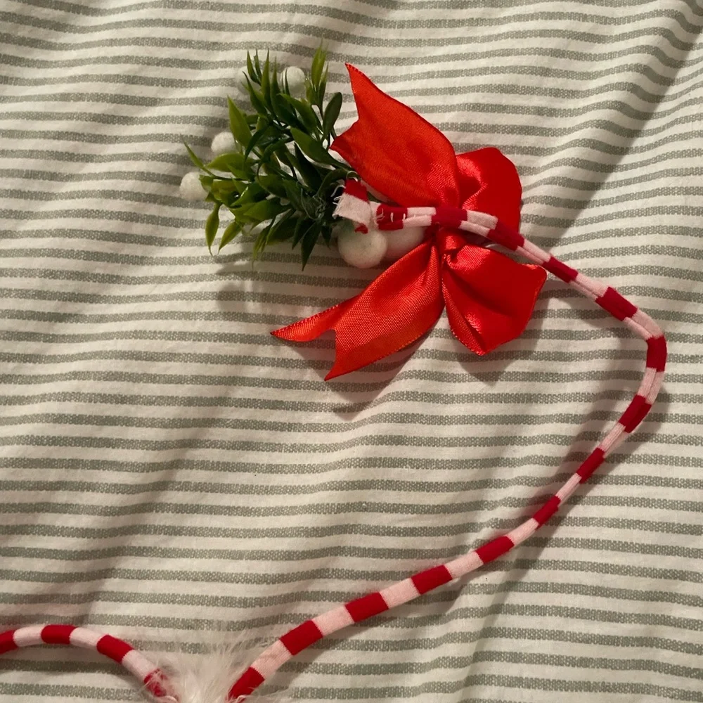 Red and Pink Striped Mistletoe Holiday Headband with Feather Accent